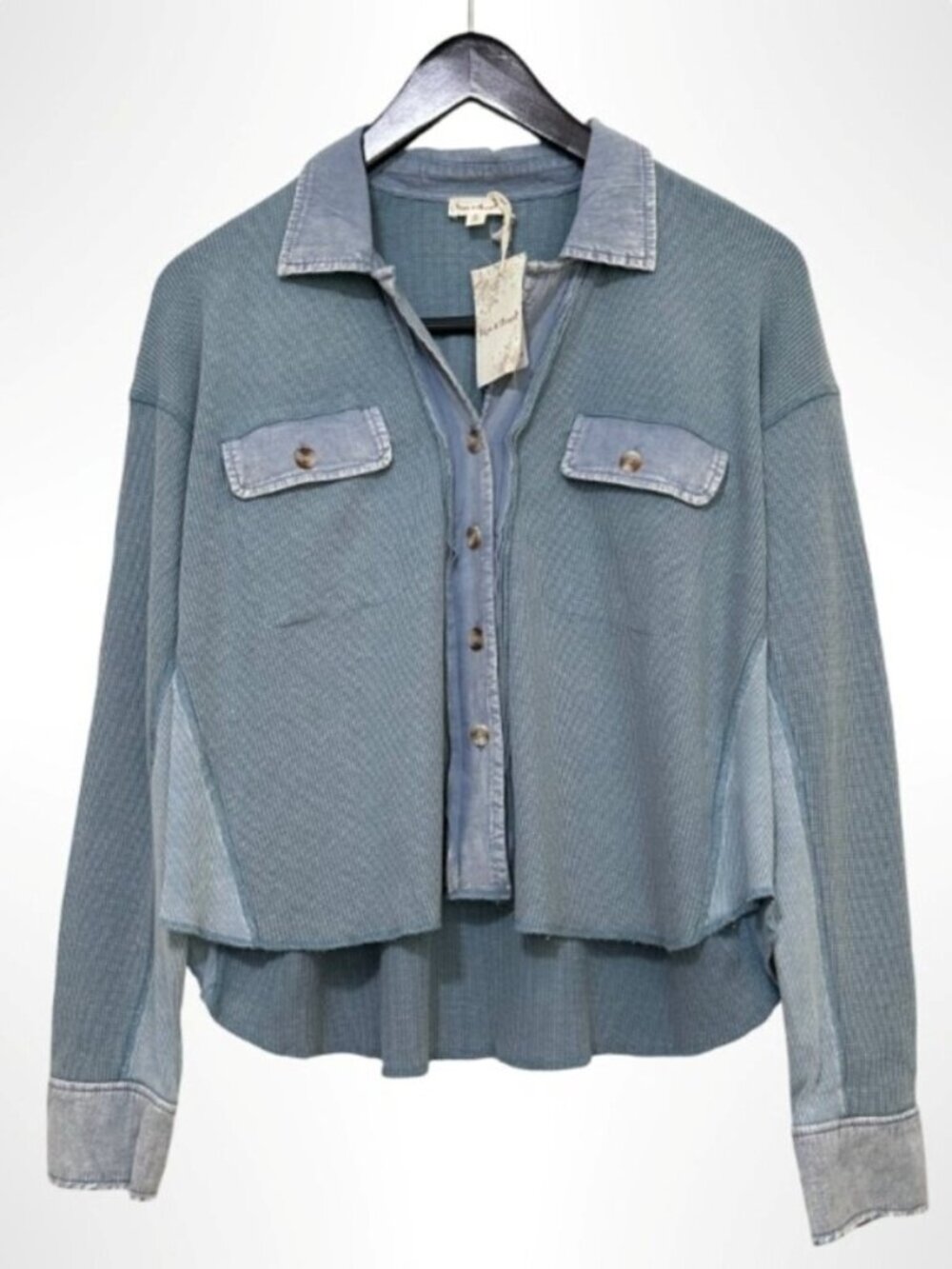 HEM & THREAD Mixed Fabric Shacket Waffle Ribbed Knit Panel Shirt Blue NWT